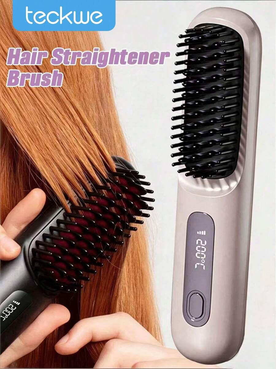 Teckwe Peine alisador inalámbrico con pantalla LCD, ajuste de temperatura, peine deslizante portátil pequeño, cepillo alisador de cabello de iones negativos para mujer, revestimiento cerámico, batería de litio recargable de 2000 mAh
