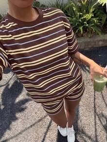 兒童青少年女孩休閒簡約時尚棕色條紋短袖圓領T恤與休閒短褲兩件套，適合夏季，Chill Chill - 彩色 - 查看 2