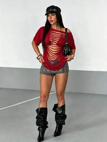 StreetHx Women's White Ripped Front Sexy Hollow Out Fringe Design Street Wear Y2K Baddie Punk Rock Oversized Suitable For Music Festivals Short Sleeve T-Shirt - Burgundy - View 3