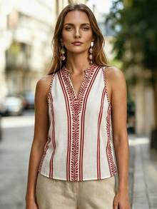 SHEIN LUNE Summer Vacation Casual Elegant Bohemian Print Striped Notch V-Neck Sleeveless Loose Women's Shirt Beige - Multicolor - View 6