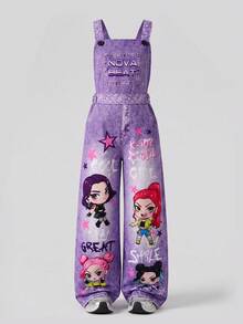 TWEEN Girls Fall Clothes Autumn Purple Acid Wash Cartoon K-Pop Girl Graphic Print Pocket Wide Leg Denim Look Overalls Casual Streetwear Jumpsuit Fa... - Purple - View 4