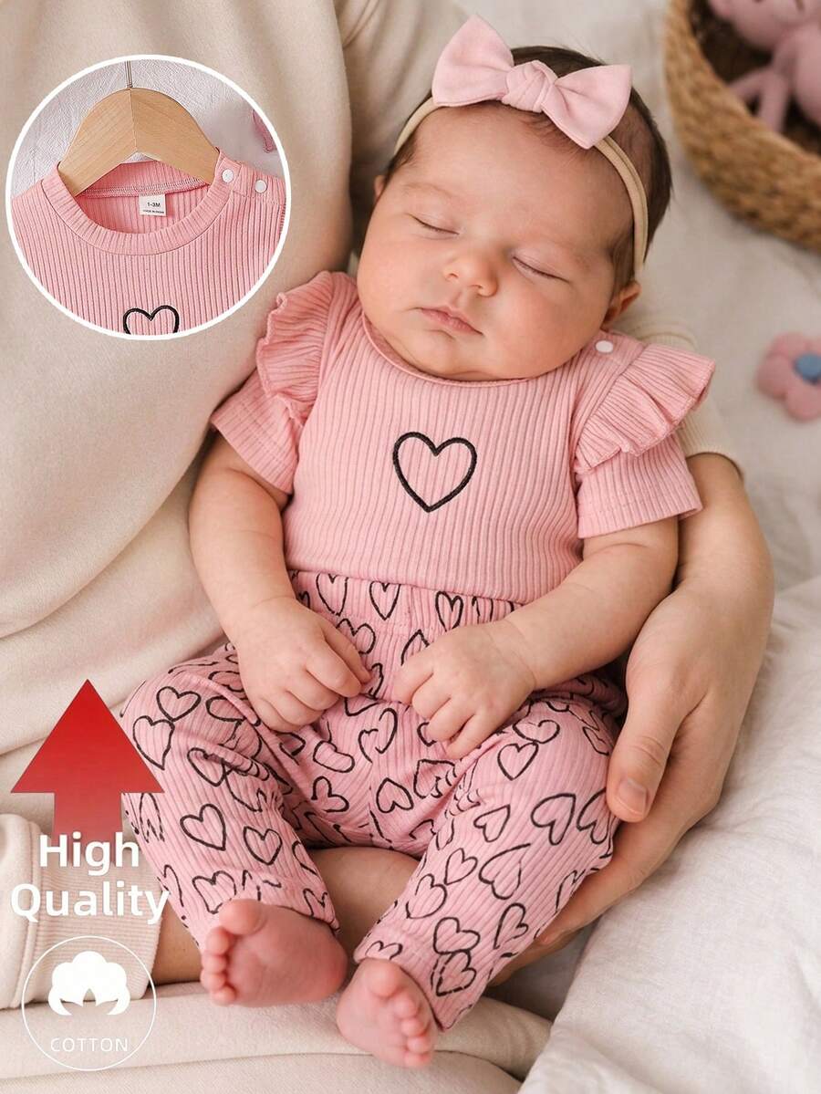 SHEIN 0-9M 新生女嬰夏季粉黑套裝 可愛圓領短袖T恤+長褲 印花套裝 親子款 嬰兒舒適服 - 粉色 - 查看 1