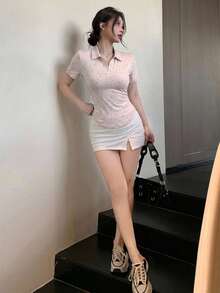 DAZY 夏季波點滿版印花粉色 Polo 衫休閒街頭度假短袖女款 T-shirt Y2K - 粉色 - 查看 3