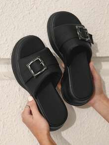 HighSole 全新夏季百搭休闲罗马凉鞋，女式钩环扣运动沙滩鞋高底春假优雅装扮华丽编辑轻松舒适波西米亚风度假城市盛典夏季 - 黑色 - 查看 3