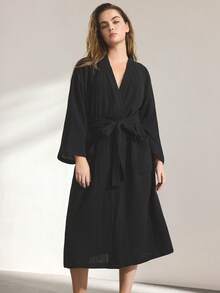 Ocili Leisure Soft Cotton Mesh Double-Layer Robe, Comfortable Sleepwear, Plus Size - Black - View 5
