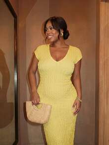 Firerie Plus Size Women's Solid Color Casual Formal Party Vacation Wedding Guest Dress Elegant Graduation Summer Yellow - Yellow - View 3
