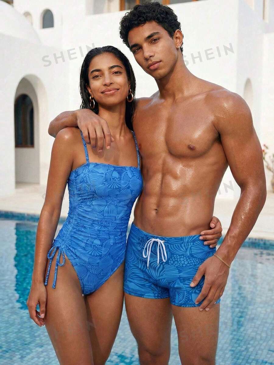Manfinity Swimmode 2026新款春夏男士蓝色图案弹力腰带舒适休闲沙滩派对泳裤 - 藍色 - 查看 1