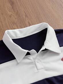 SWAVVY Men's Summer Casual Loose Fit Standard Size POLO Shirt Button Blue White Patchwork Contrast Color Embroidery - Blue - View 4