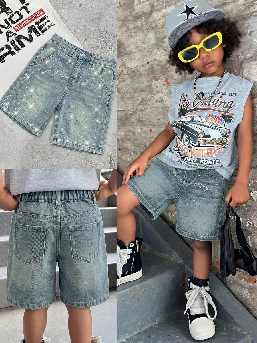 SHEIN Young BoyGlitter Letter Rhinestone Decor Loose Fit Blue Denim Shorts - Light Wash - View 1