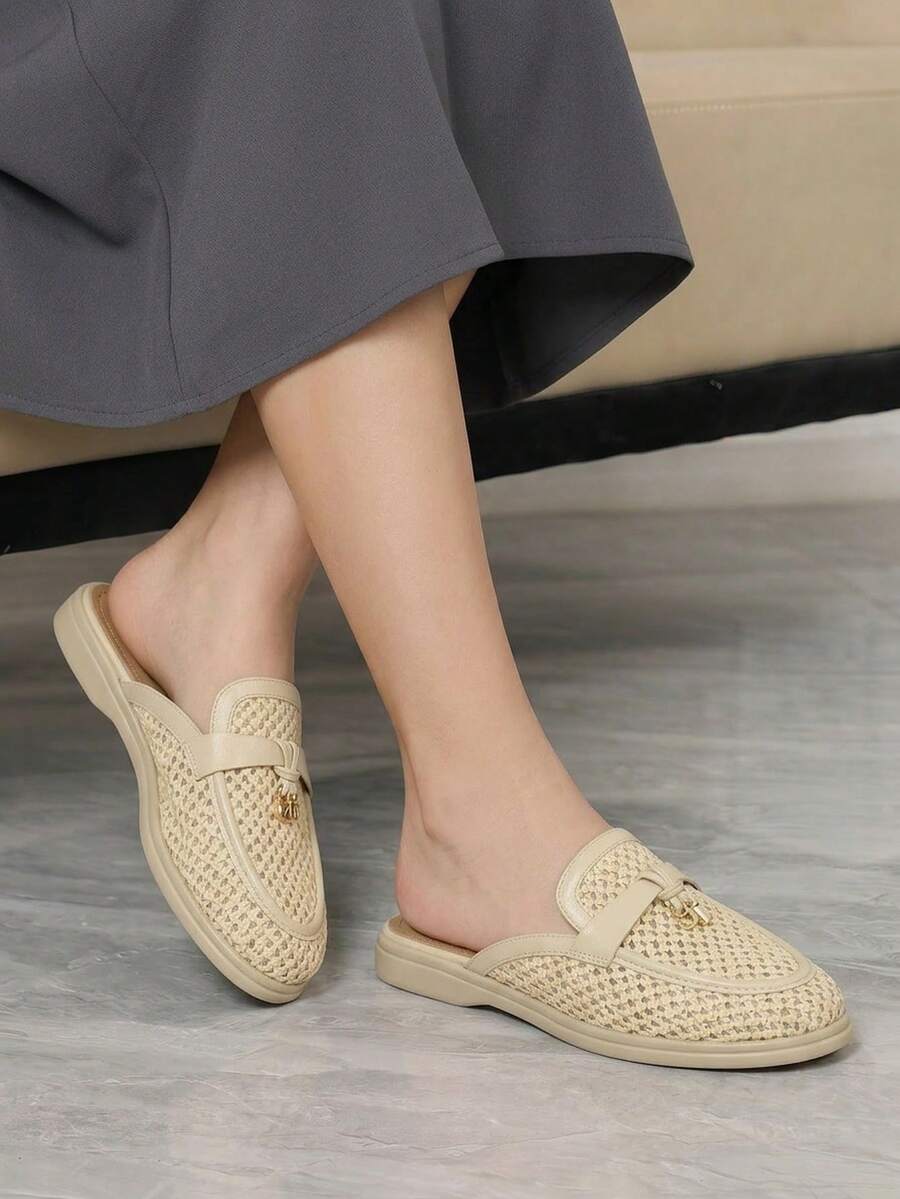 Sleekvia 時尚米色女士休閒圓頭套腳軟針織鞋面對比瑪麗珍風度假休閒百搭平底鞋聖誕節 - 米色 - 查看 1