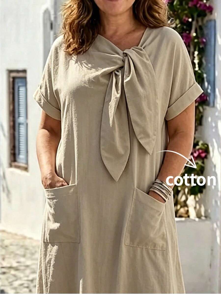 Lacomfia Plus Size Women's Vacation Dress, Loose Fit, Comfortable Short Sleeve, Front Pockets, Flared Hem Vacation Khaki Summer Elegant