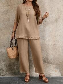 SHEIN LUNE CURVE 復古鄉村風紋理面料大尺碼女裝兩件套 春夏服飾 - 卡其色 - 查看 1