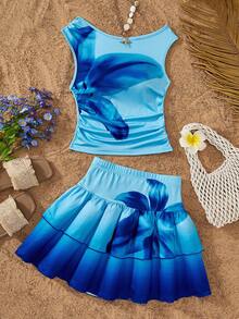Girls' Sweet Gradient Set, Asymmetric Shoulder Sleeveless Cropped Top With Ruched Waist Design To Fit And Shape The Body, Double-Layer Ruffle Cake Mini Skirt For A Lively And Playful Look. Deep Blue To Light Blue Gradient Tie Dye With Large Floral Print For A Full Atmosphere. Suitable For Parties, Outings And Travel, Easily Create A Gentle And Sparkling Look. - Multicolor - View 1