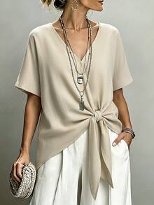 SHEIN LUNE CURVE 大尺碼女款寬鬆休閒日常通勤慵懶度假風韓系慵懶時尚春夏梭織襯衫 - 杏色 - 查看 1