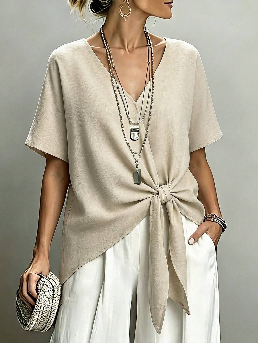 SHEIN LUNE CURVE 大尺碼女款寬鬆休閒日常通勤慵懶度假風韓系慵懶時尚春夏梭織襯衫 - 杏色 - 查看 1