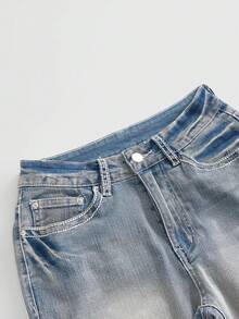 ROMWE Goth Women's Casual Versatile Daily Flare Jeans With Pocket, Button And Rhinestone - Baby Blue - View 4