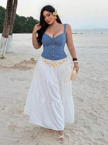 Dazy Plus Washed Blue Stretch Fitted Minimalist Sexy Sexy Vacation Style Denim Vest Denim Top Plus Size Women Spring Summer - Light Wash - View 7