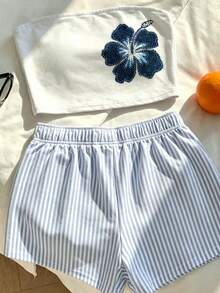 Tseoso Women's 2 Pieces: Blue-White Shorts + Blue Hibiscus Bandeau; Y2K Soft/Clean Girl; Vacation; Beach - Multicolor - View 5