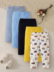 SHEIN Playful Pals 男嬰彈性腰圍休閒百搭日常外出長褲 5件/組 - 彩色 - 查看 7