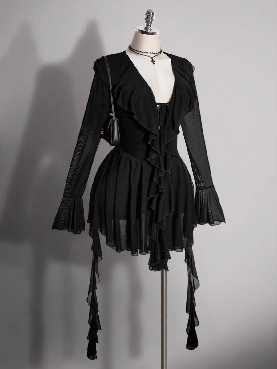 SHEIN ICON 女款大尺碼黑色網紗荷葉邊洋裝 - 黑色 - 查看 1