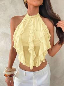 Aloruh Spring/Summer New Sexy Backless Lace-Up Design Hot Girl Sexy Slit Purple Elegant Multi-Layer Ruffle Decor Halter Neck Backless Top, Tank Top - Light Yellow - View 7