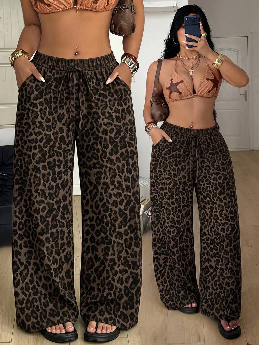 Coolane Pantalones de talla grande con estampado de leopardo vintage adecuados para el verano - Multicolor - Ver 1