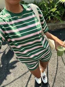 青少年女孩休閒簡約寬鬆圓領短袖T恤與寬鬆短褲2件套，適合春夏季 - 白色 - 查看 3