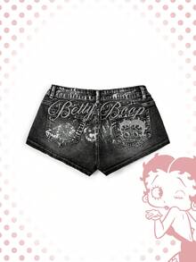 Betty Boop | ROMWE 春夏 Y2K 辣妹聯名款 銀箔 Logo 刺繡 超低腰迷你牛仔短褲 - 灰色 - 查看 1