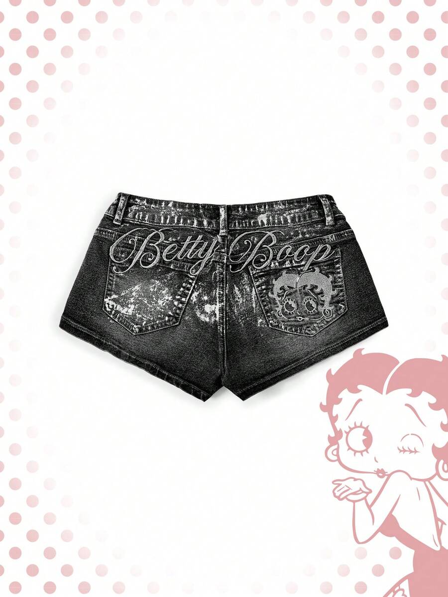 Betty Boop | ROMWE 春夏 Y2K 辣妹聯名款 銀箔 Logo 刺繡 超低腰迷你牛仔短褲 - 灰色 - 查看 1