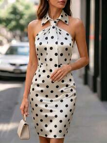 Selianne Design Tie Collar Polka Dot Dress, Sleeveless Halter Neck Waist-Defining Slimming Bodycon Skirt - Multicolor - View 4