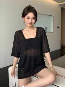 DAZY 夏秋休閒寬鬆極簡深V領長版遮身街頭戶外短袖女款T恤 - 黑色 - 查看 4