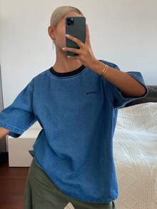 DAZY 女款拼色圓領短袖寬鬆休閒性感百搭牛仔上衣，日常夏季風格，適合游泳學校 - 藍色 - 查看 4
