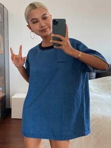 DAZY 女款拼色圓領短袖寬鬆休閒性感百搭牛仔上衣，日常夏季風格，適合游泳學校 - 藍色 - 查看 9