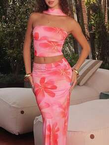 juhmazzocco Vacation Knit Classic Pattern Fitted Cropped Tank Top & Low Waist Fishtail Skirt 2 Pieces Set For Women,  Summer Spring Outfits, Beach Vacation Outfits, Elegant Going Out Outfits - Orange - View 3