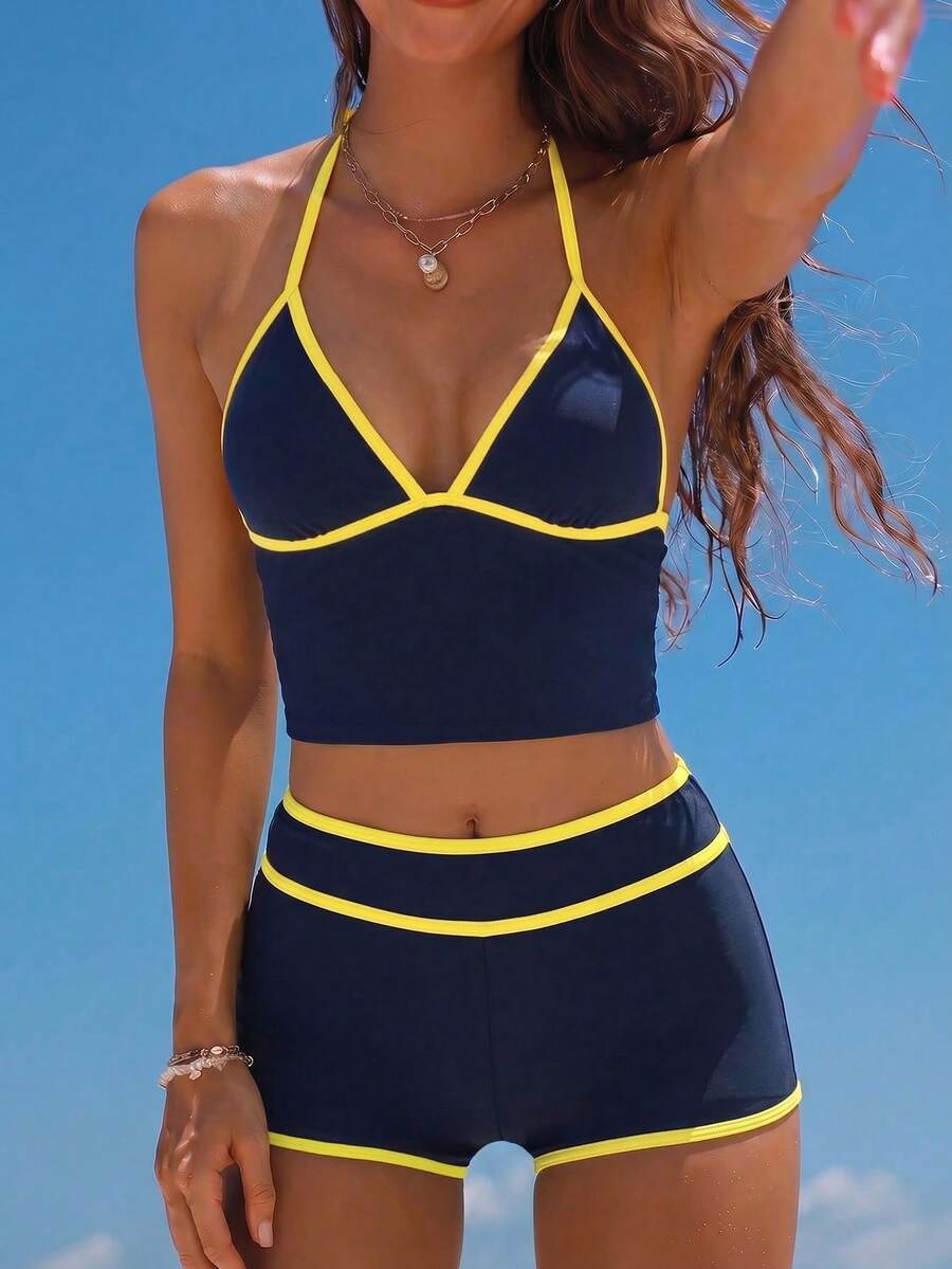 Swim Mod 2026春夏吊带蓝杏色撞色三角杯高腰短裤甜美女士两件套比基尼泳衣女士两件套泳装泳裤和上衣 - 藏蓝色 - 查看 1