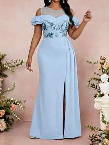 Fleurora Plus Size Light Blue Dress,Elegant Sequin Patchwork Off-Shoulder Maxi Gown,Summer Spring Wedding Guest Dress For Women,Formal Evening Party Dress - Blue - View 4