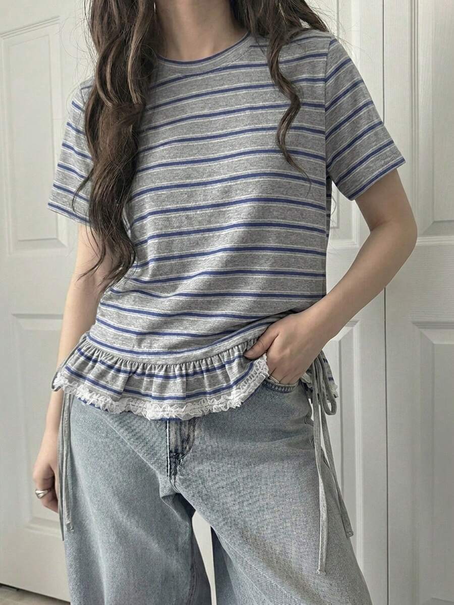 DAZY Women's Summer Casual Striped Ruffle T-Shirt Back-To-School Brunch School Grey - Grey - View 1