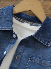 Tween Boy Denim Shirt With Pockets, Printed Letter Small Logo, Washed Casual Fashion Versatile Street Style Cool Back To School Season Autumn Fall - Light Wash - View 3