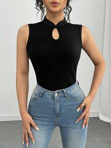 SHEIN Raffinéa 時尚性感浪漫復古青蛙鈕扣無袖針織背心女款 - 黑色 - 查看 5