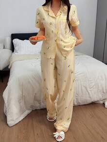 Napfluff 女款條紋檸檬印花翻領鈕扣短袖長褲睡衣套裝 - 黃色 - 查看 5