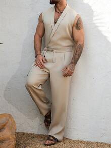 Genlund Mono casual con solapa estilo vacaciones para hombre para primavera/para verano - Caqui - Ver 4