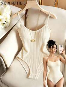 SHEIN PETITE 夏季度假出遊連身內搭衣，細肩帶背心連身內搭衣，休閒基本款連身內搭衣，內層連身內搭衣，出遊連身內搭衣，度假連身內搭衣，海灘連身內搭衣，優雅連身內搭衣，日常連身內搭衣，女款社交連身內搭衣，女款通勤連身內搭衣，螺紋連身內搭衣，女款連身內搭衣 - 杏色 - 查看 1