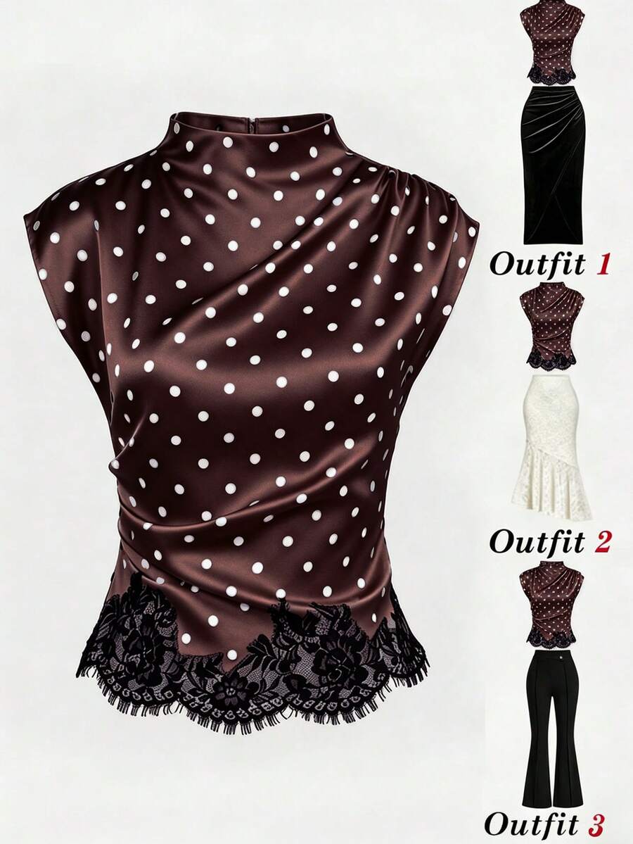 GlowEve Women's Black & White Stand Collar Asymmetric Ruffle Polka Dot Lace Splice Elegant Casual Commute Daily Wear Summer New Arrival Women's Blouse / Women's Top - Burgundy - View 1