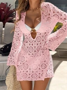 Bonvoyette Women's Solid Color Lace Hollow Long Sleeve V-Neck Beach Vacation Cover-Up - Pink - View 3