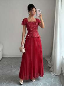 Modelyn 法式方領溫柔風亮片刺繡拼接修身百褶短袖優雅洋裝 - 紅色 - 查看 8
