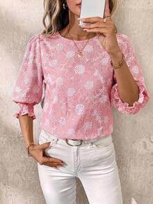 SHEIN Clasi 圓領抓皺浪漫雛菊刺繡上衣 - 粉色 - 查看 3
