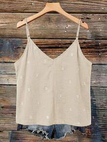 SHEIN VCAY Plus Size Women Daisy Embroidery Print V-Neck Ruffle Trim Loose Camisole - Apricot - View 2