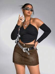 SHEIN ICON Plus Size Women's Pocket Button Casual Versatile Daily Travel Denim Skort - Brown - View 8