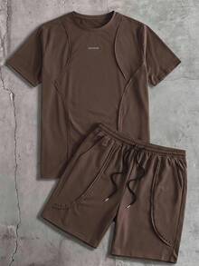 AXEPEAK Men's Solid Color Crew Neck Loose Short Sleeve T-Shirt And Waist Drawstring Pocket Shorts Set - Brown - View 2