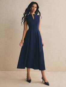 Poéselle Women's Solid Color Zipper Design Sleeveless Elegant Long Dress Office Tea Party Dinner Date Navy Blue Summer Teachers' Day - Navy Blue - View 4